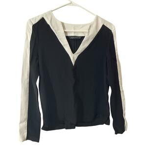 Zara Ivory & Black LS Blouse Medium V Neck Career Top Dressy Top